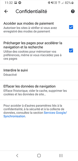 Chrome mobile - paramètres de confidentialité
