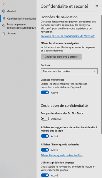 Edge - gestion de la vie privée