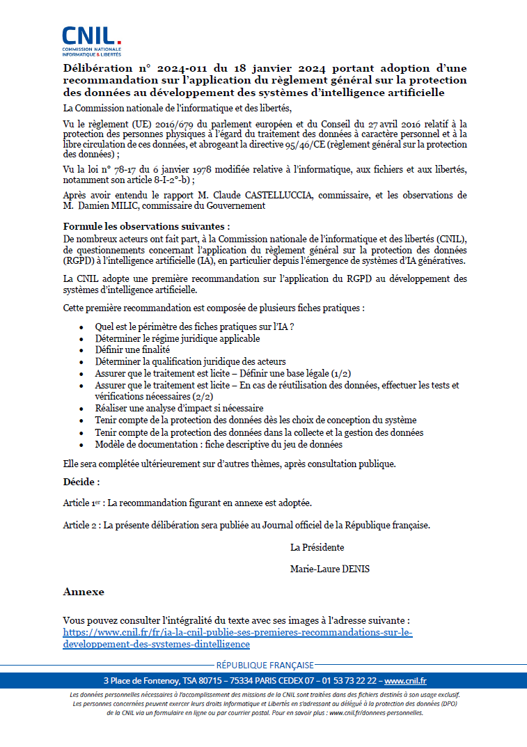 Recommandation sur l’application du RGPD au développement des systèmes d’intelligence artificielle